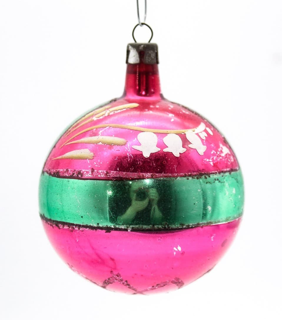 Vintage Mica Poland Pink & Green Lilly Flower Motif Glass Christmas Ornament - Thumbnail 7