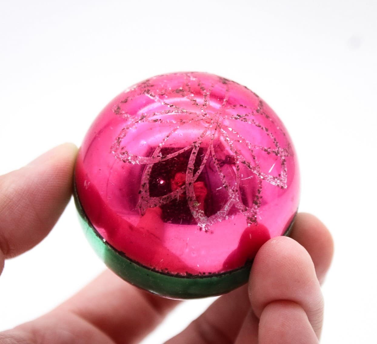 Vintage Mica Poland Pink & Green Lilly Flower Motif Glass Christmas Ornament - Thumbnail 3