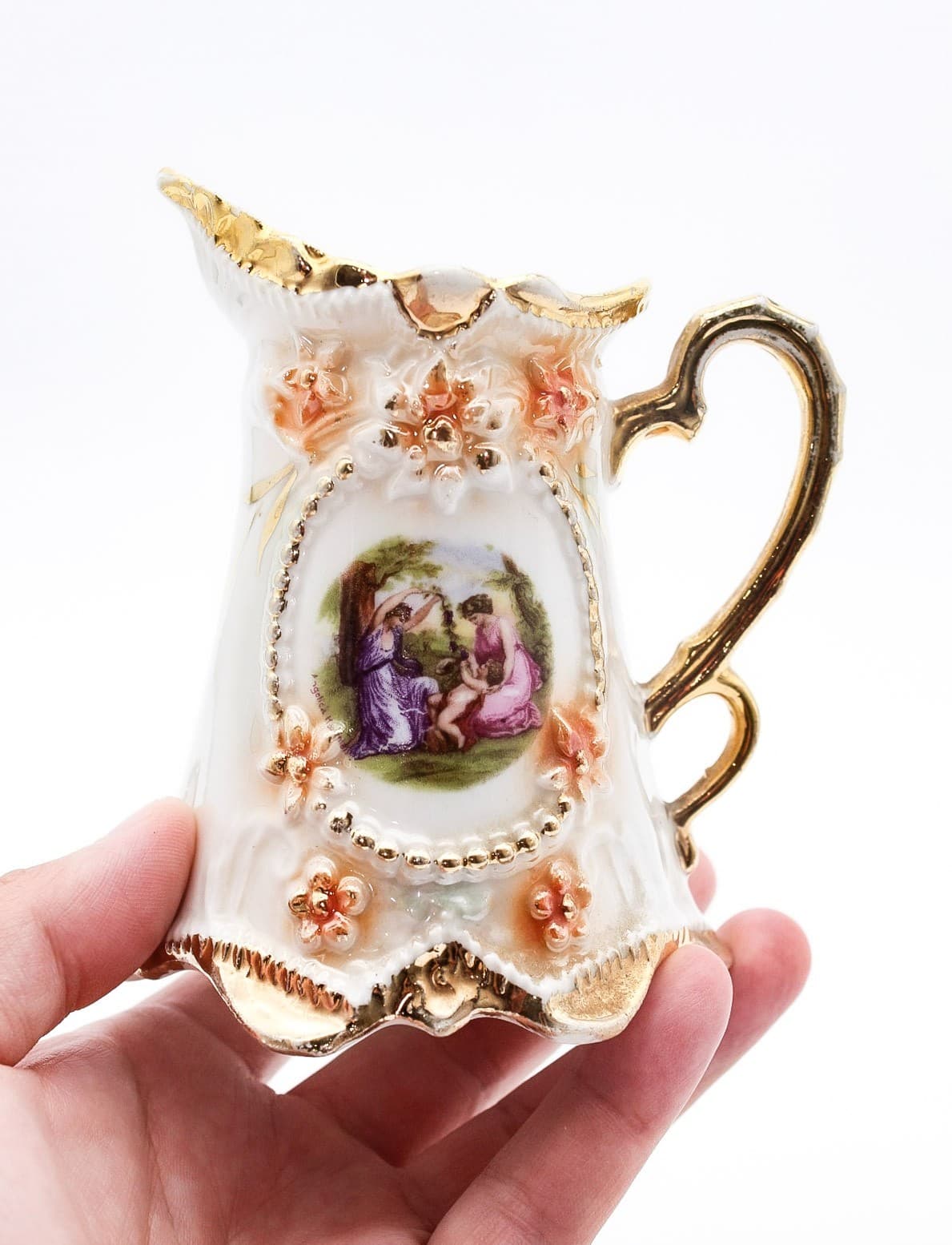 Antique Made In Germany Victorian Style Gilt Accents Courting Porcelain Creamer - Thumbnail 2