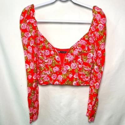 Zara floral long-sleeve crop top sweetheart neckline Coquette Small - Thumbnail 3