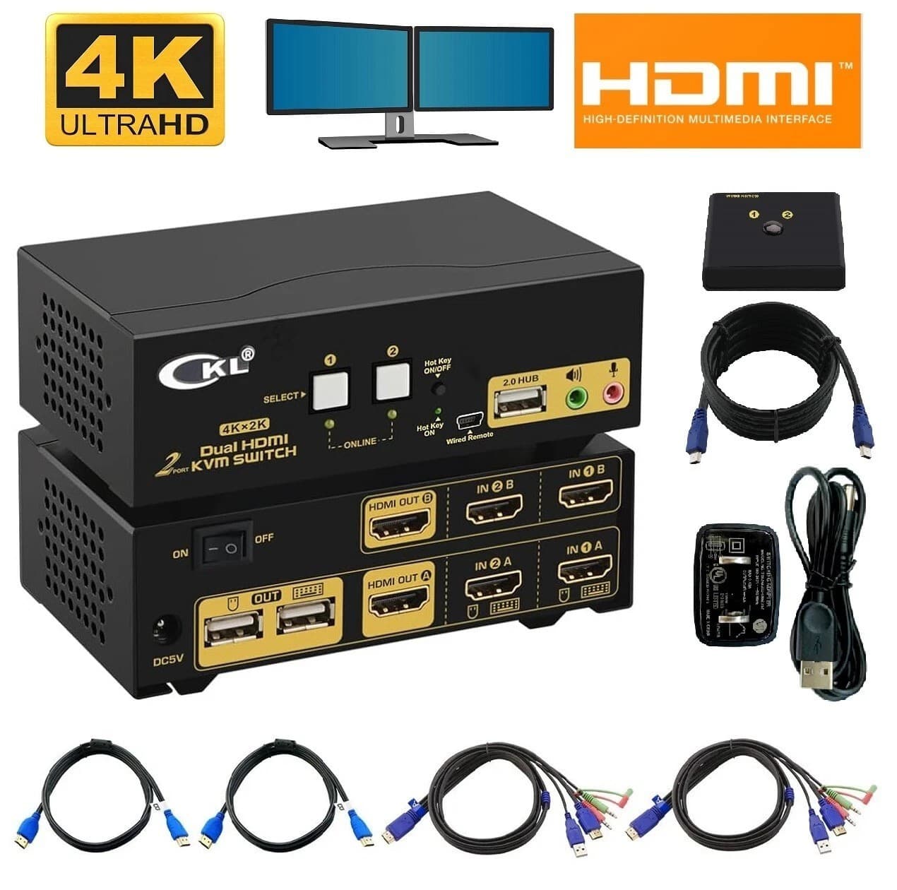 2 Port HDMI KVM Switch 4K Dual Monitor Extended Display W/ USB 2.0/Audio Support - Thumbnail 2