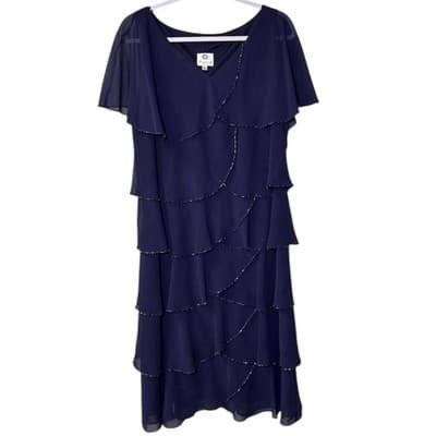 Patra Navy Tiered Evening Dress w/ Beaded Scallop Layers Size 18 - Thumbnail 3