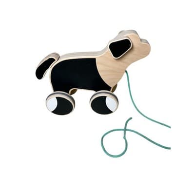 LOVEVERY The Pull Pup Wooden Push Pull Doggy Toy, Black/White/Natural Wood - Thumbnail 2