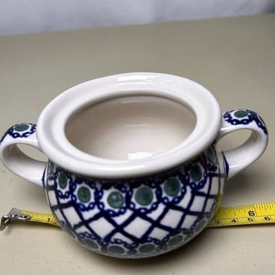 Boleslawiec Polish Pottery Sugar Bowl "Lattice Peacock" pattern - no lid - Thumbnail 5