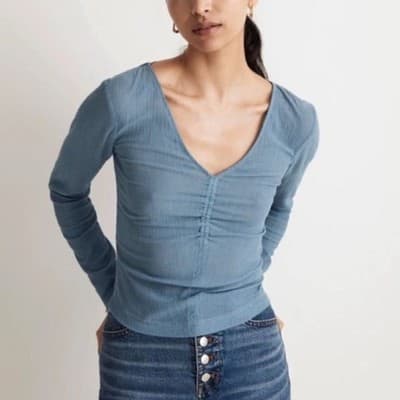 Madewell Semisheer Shirred V-Neck 100% Cotton Top Tranquil Lake Blue Size S - Thumbnail 2