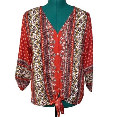West Kei Talina red and white tie-front boho floral print blouse M - Thumbnail 2