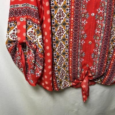 West Kei Talina red and white tie-front boho floral print blouse M - Thumbnail 4