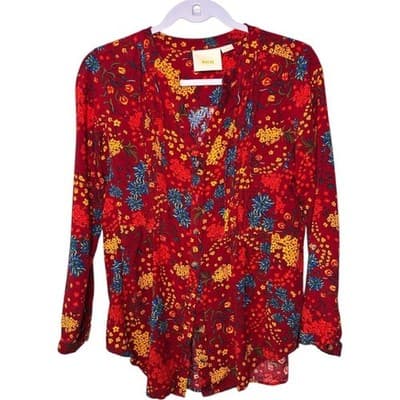 Anthropologie Maeve red floral pintuck button-front blouse Size Small - Thumbnail 2