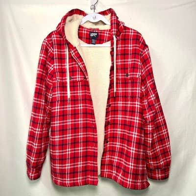 Lands' End Sherpa-Lined Hooded Flannel Shirt Jacket Large - Thumbnail 3