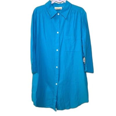 Sunbay Leisure Blue 100% Cotton Button Up Shirt Dress Cover Up Large - Thumbnail 2