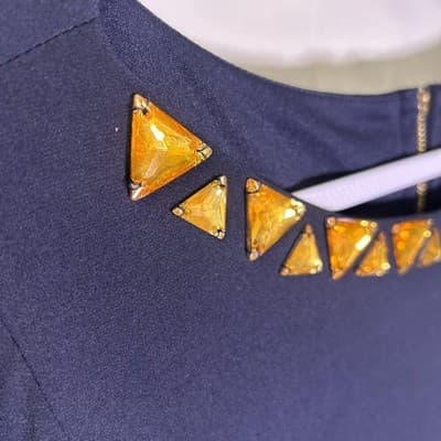 Vince Camuto long-sleeve navy blue shift dress with a jeweled neckline Size 12 - Thumbnail 4