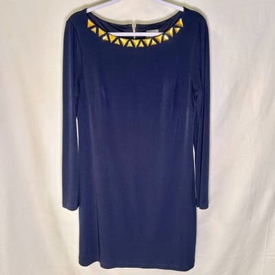 Vince Camuto long-sleeve navy blue shift dress with a jeweled neckline Size 12 - Thumbnail 3