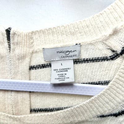 Halogen 100% Cashmere Cream & Black-Striped Sweater - Thumbnail 2