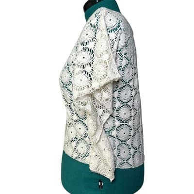 Elan Cream Flutter Sleeve Lace Crochet Bohemian Top Medium - Thumbnail 2