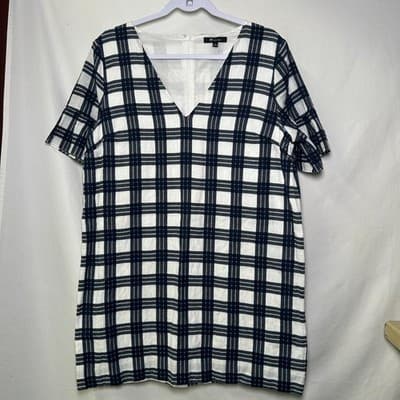 Madewell Navy & White Bell-Sleeve Dress in Leighton Plaid Size 12 - Thumbnail 7