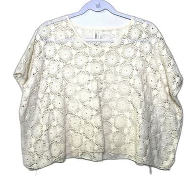 Elan Cream Flutter Sleeve Lace Crochet Bohemian Top Medium - Thumbnail 4