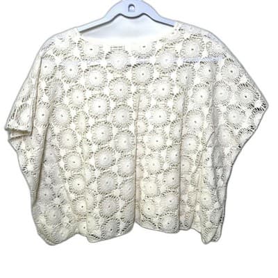Elan Cream Flutter Sleeve Lace Crochet Bohemian Top Medium - Thumbnail 5