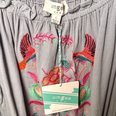 NWT Umgee Light Gray Embroidered Boho Cottagecore Festival Dress Size L - Thumbnail 5