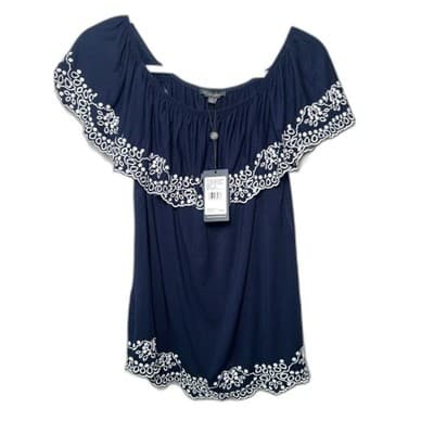 NWT Adrianna Papell navy blue embroidered boho off-shoulder top Small - Thumbnail 8