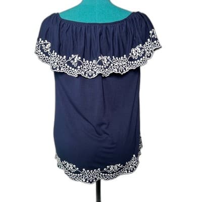 NWT Adrianna Papell navy blue embroidered boho off-shoulder top Small - Thumbnail 3