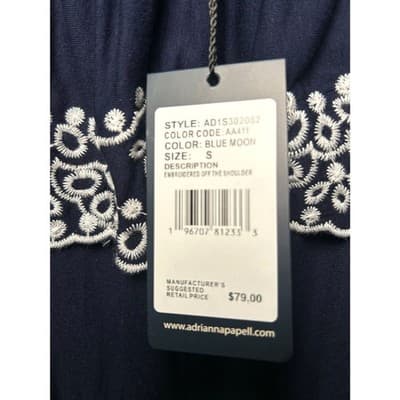 NWT Adrianna Papell navy blue embroidered boho off-shoulder top Small - Thumbnail 6