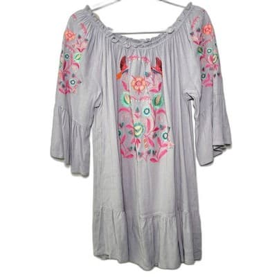 NWT Umgee Light Gray Embroidered Boho Cottagecore Festival Dress Size L - Thumbnail 6