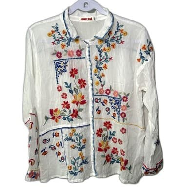 Johnny Was Zodea Almeria White Embroidered Button Front Top PL - Thumbnail 3
