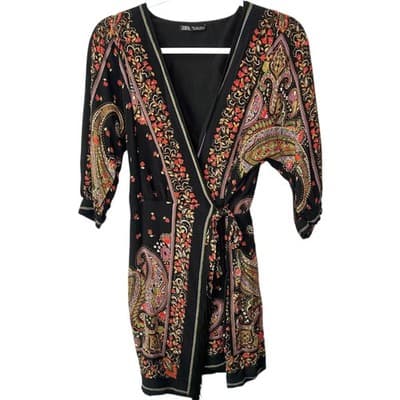 Zara Black Paisley Half-Wrap Festival Dress w/ Fringe Small - Thumbnail 2