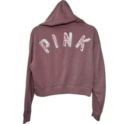 Victoria's Secret PINK small cropped full-zip mauve hoodie cactus patch sequins - Thumbnail 2