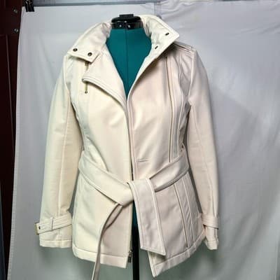 Kenneth Cole Reaction off-white belted moto jacket asymmetrical zip XS - Thumbnail 10