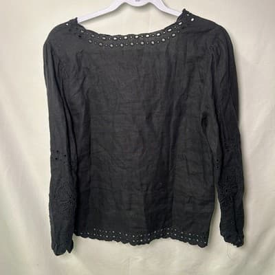 J.Crew black long-sleeve 100% linen top with eyelet neckline boho XS - Thumbnail 4