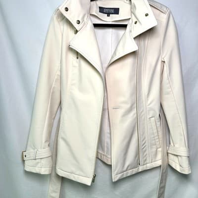 Kenneth Cole Reaction off-white belted moto jacket asymmetrical zip XS - Thumbnail 4