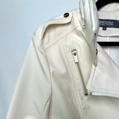 Kenneth Cole Reaction off-white belted moto jacket asymmetrical zip XS - Thumbnail 11