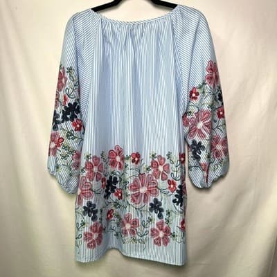 Blue and White Striped Floral Blouse XL Boho Flowy - Thumbnail 3