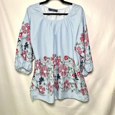Blue and White Striped Floral Blouse XL Boho Flowy - Thumbnail 2