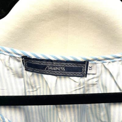 Blue and White Striped Floral Blouse XL Boho Flowy - Thumbnail 4