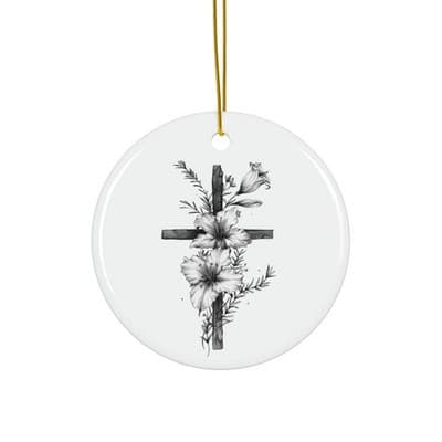 Floral Cross Ceramic Ornament | Round, Heart, Star, Oval Shapes