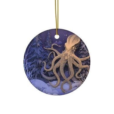 Octopus in Snowy Pines Ceramic Ornament | Round Holiday Decoration