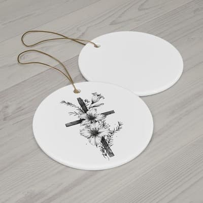 Floral Cross Ceramic Ornament | Round, Heart, Star, Oval Shapes - Thumbnail 2