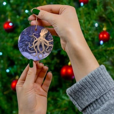 Octopus in Snowy Pines Ceramic Ornament | Round Holiday Decoration - Thumbnail 3
