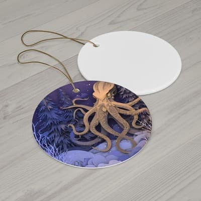 Octopus in Snowy Pines Ceramic Ornament | Round Holiday Decoration - Thumbnail 2