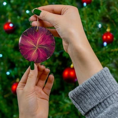 Magenta Floral Mandala Ornament Ceramic Ornament | Round Holiday Decor - Thumbnail 3