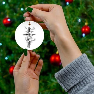 Floral Cross Ceramic Ornament | Round, Heart, Star, Oval Shapes - Thumbnail 3