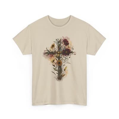 Floral Cross Tee | Watercolor Wildflowers, Botanical Faith Shirt - Thumbnail 4