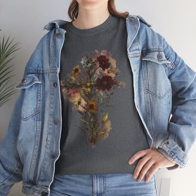 Floral Cross Tee | Watercolor Wildflowers, Botanical Faith Shirt - Thumbnail 8