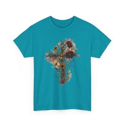 Floral Cross Tee | Watercolor Wildflowers, Botanical Faith Shirt - Thumbnail 4