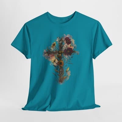 Floral Cross Tee | Watercolor Wildflowers, Botanical Faith Shirt