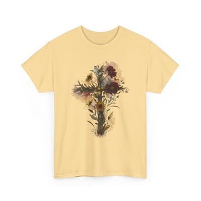 Floral Cross Tee | Watercolor Wildflowers, Botanical Faith Shirt - Thumbnail 4