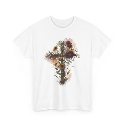 Floral Cross Tee | Watercolor Wildflowers, Botanical Faith Shirt - Thumbnail 4