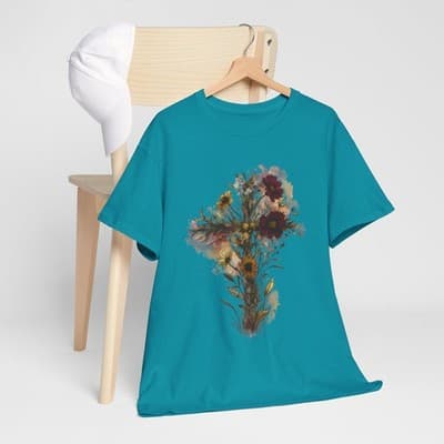 Floral Cross Tee | Watercolor Wildflowers, Botanical Faith Shirt - Thumbnail 7